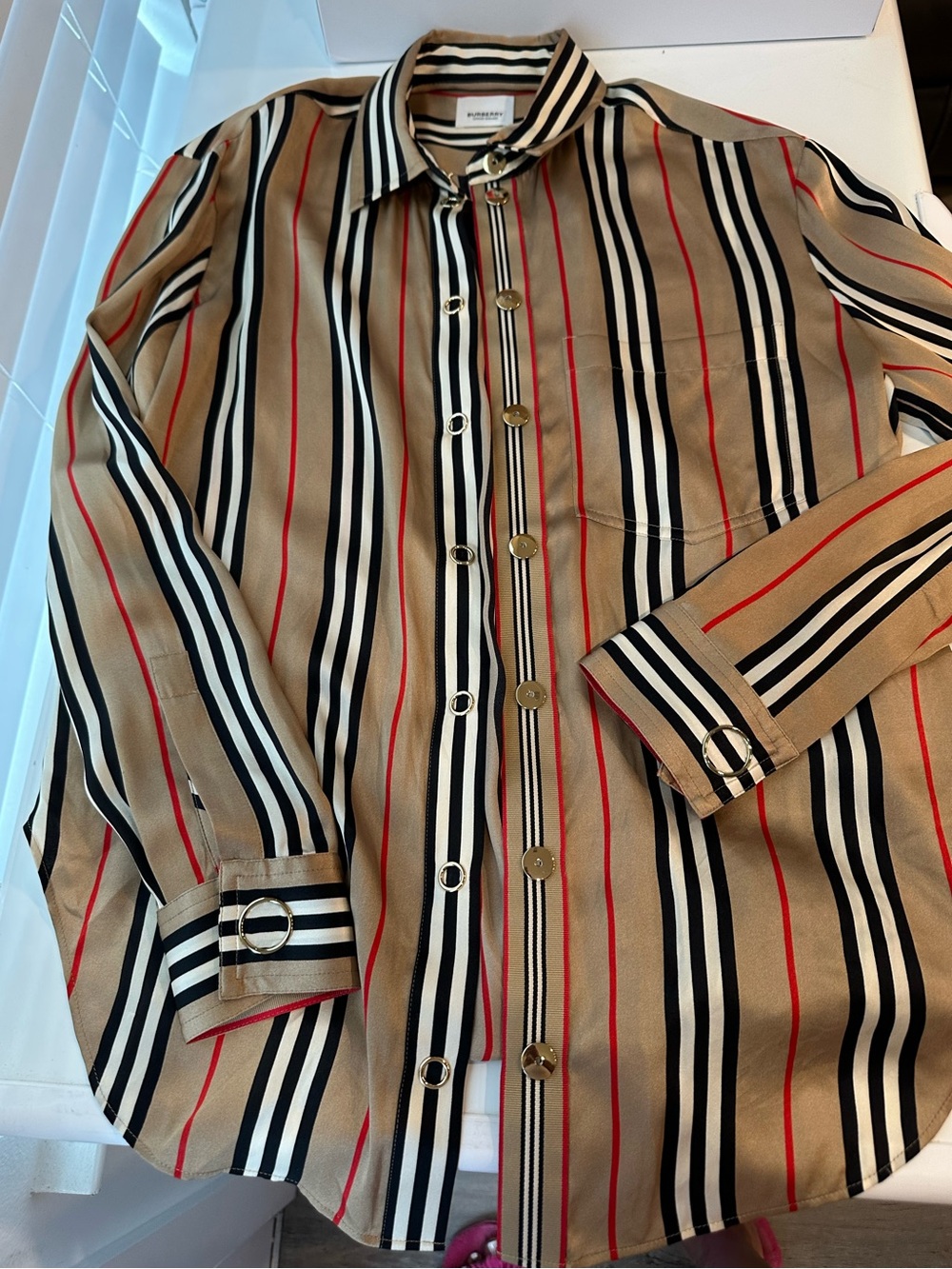 Burberry-women  Striped Button-Up Shirt in Camel/Black/Red